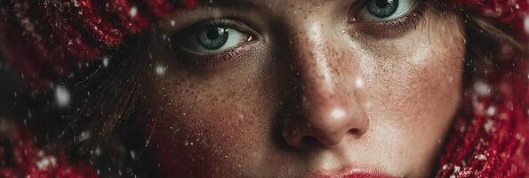 Winter portrait of a woman with striking blue eyes and freckles, wearing a red scarf in a snow-covered environment photo