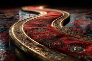 Intricate red and gold textile design flowing elegantly across a dark reflective surface photo
