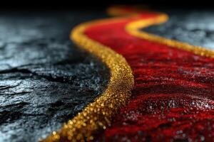 Sparkling red and gold pathway flowing through dark textured surface during artistic creation photo