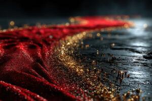 Sparkling red fabric on a dark surface with glimmers of light captured in a dramatic close-up photo