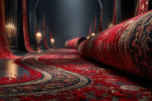 Luxurious red carpet rolls out in an opulent hall adorned with candles and elegant decor for a sophisticated event setting photo