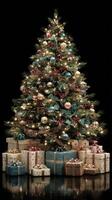 Christmas tree beautifully decorated with lights and ornaments surrounded by wrapped gifts photo