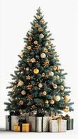 Elegant Christmas tree decorated with golden ornaments and wrapped gifts, creating a festive atmosphere for the holiday season photo