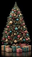 Colorful Christmas tree adorned with ornaments and surrounded by beautifully wrapped gifts in a festive ambiance photo