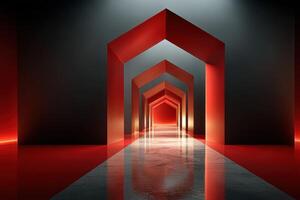 Vibrant red geometric archways create an intriguing hallway in a modern design space at dusk photo