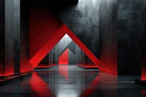 Mysterious red and black geometric corridor with reflective floors and dramatic lighting photo