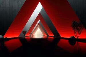Geometric patterns create a striking visual experience in a modern, illuminated space with reflections and trees photo