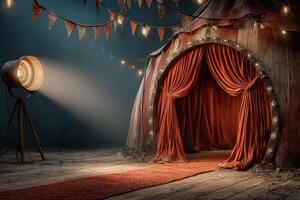Entrance to an old circus tent with glowing lights and a spotlight during twilight photo