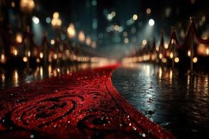 Red carpet path with dramatic lighting and elegant lanterns set for a lavish event in a bustling city photo