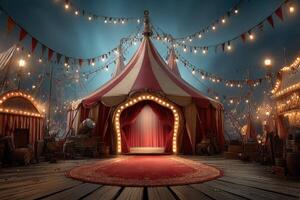 Colorful circus tent with lights and decorations set up for a nighttime performance photo