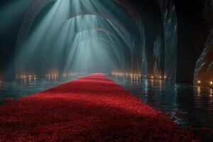 Elegant red carpet leading through a dimly lit cavern with rays of light illuminating the serene water photo