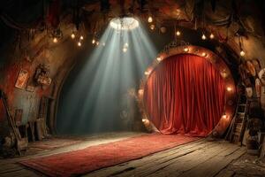 Mysterious underground performance space with vintage decor and dramatic lighting photo