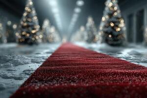Elegant red carpet leading through a snowy corridor lined with beautifully lit Christmas trees during a festive celebration photo