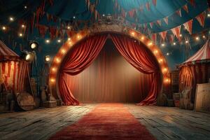 Red velvet curtain opens to reveal a vibrant circus stage filled with lights and decorations at night photo