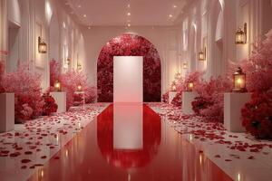 Elegant floral decor with a lush red backdrop at a luxurious event venue during a romantic celebration photo