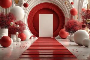 Elegant red and white interior design with spheres and floral arrangements in a contemporary space photo