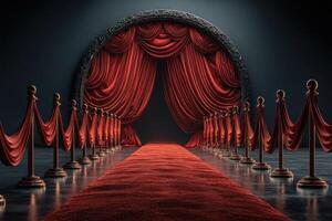 Elegant entrance with red velvet curtains and stanchions at a gala event setting in a dimly lit venue photo