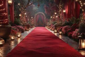 Elegant red carpet path lined with lanterns and flowers for a special evening event photo