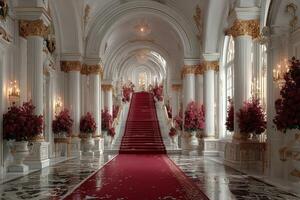 Grand staircase in an opulent hall adorned with floral arrangements and ornate decorations photo
