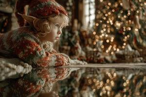 Child with elf ears gazes at Christmas tree in cozy indoor setting during holiday season photo