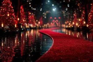 Red carpet leading through a festive forest with glowing trees and reflections in the water at night photo