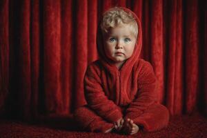 Young child in red hoodie sits on floor in front of rich red curtain, showcasing innocence and curiosity during indoor moment photo