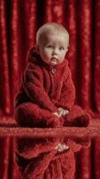 Baby in a cozy red outfit sits on a reflective surface with a glittering background during a cheerful indoor setting photo