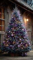 Beautifully decorated Christmas tree with purple ornaments and lights outside a rustic wooden building at dusk photo