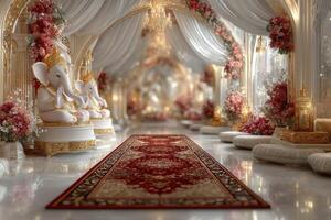 Elegant wedding venue featuring ornate decorations and divine elephant sculptures in a floral setting photo