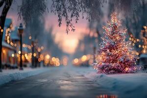 Winter evening street adorned with glowing Christmas lights and a decorated tree photo