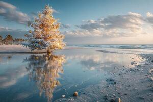 Winter wonderland on the beach with a decorated tree reflected in the water at sunset photo