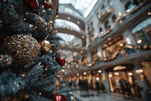 Holiday decorations enhance the festive atmosphere in a shopping mall atrium during winter season photo