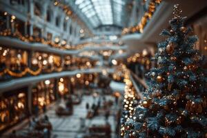 Holiday shopping in a beautifully decorated mall featuring a large Christmas tree with festive lights and ornaments photo