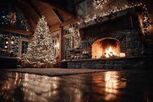 Cozy holiday living room with a decorated tree and fireplace glowing in the evening light photo