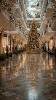 Decorated shopping arcade with a tall Christmas tree adorned with lights and ornaments during the holiday season photo