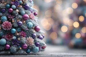 Festive Christmas tree adorned with colorful ornaments and soft lights in a cozy winter setting photo