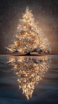 Elegant Christmas tree adorned with shimmering lights reflecting in a tranquil setting during the holiday season photo