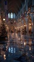 Festive decorations illuminate a grand hall with Christmas trees during the holiday season photo