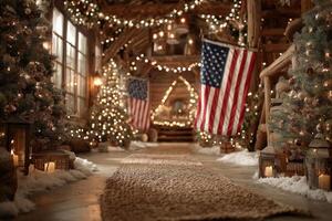 Festive winter celebration in a rustic lodge adorned with Christmas decorations and American flags photo