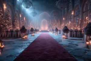 Elegant winter wedding ceremony setup in a beautifully decorated hall with twinkling lights and greenery photo