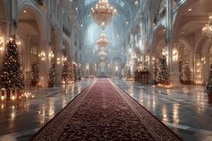 Grand hall decorated for a festive celebration with trees and chandeliers during the holiday season photo