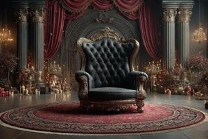 Luxurious black armchair in an ornate room with red curtains and decorative candles during evening hours photo