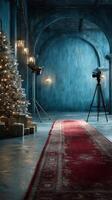 Festive winter scene with a decorated tree and professional lighting in a cozy blue-toned studio photo