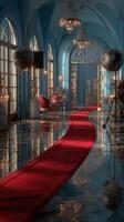 Elegant interior with red carpet and ornate decor in a grand hall during the afternoon light photo