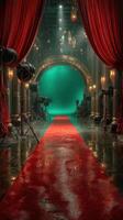 Elegant red carpet setup in a vintage-style theater with green backdrop and dramatic lighting photo