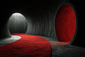 Unique red carpet leading to mysterious circular openings in dark tunnel space photo