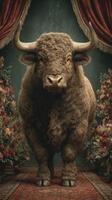 Majestic brown bull posing in an elegant indoor setting surrounded by floral decor and draped fabrics photo
