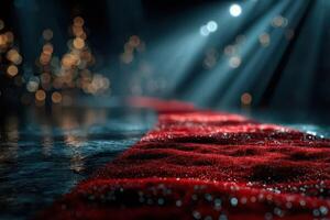 Elegant red carpet leading to bright stage lights at an event venue in a dimly lit environment photo