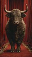 Majestic bull standing confidently on a red carpet surrounded by velvet curtains in an elegant venue photo