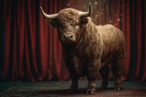 Brown highland cow stands confidently on a stage with red curtains in the background, showcasing its thick fur and impressive horns photo